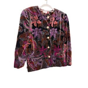 George Georgiou Purple Burgundy Floral‎ Velvet Pearl Buttons Blazer
